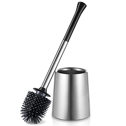 Toilet Bowl Brush Holder Set: Silicone Stainless Steel Deep Cleaning Toilet Cleaner Brush for Bathroom Restroom - Compact Modern Rv Toilet Scrubber Accessories with Caddy