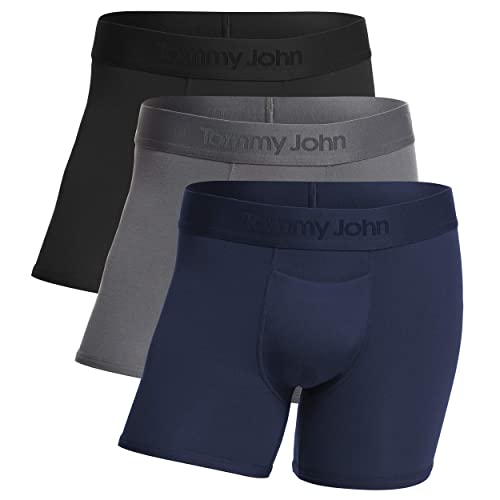 Tommy John Men’s Underwear - Second Skin Trunk with Contour Pouch and Shorter 4" Inseam – Silky Soft, Stretch Fabric, 3 Pack (Black/Turbulence/Dress Blues, Medium)