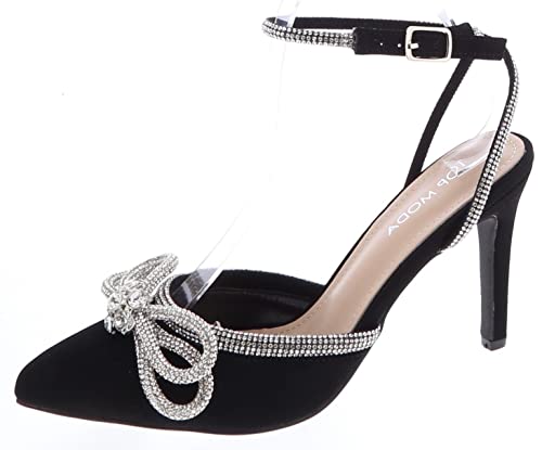 TOP Moda Women's High Heels Closed Toe Rhinestone Bow Ankle Strap Pumps Dress Shoes, Black, 6.5