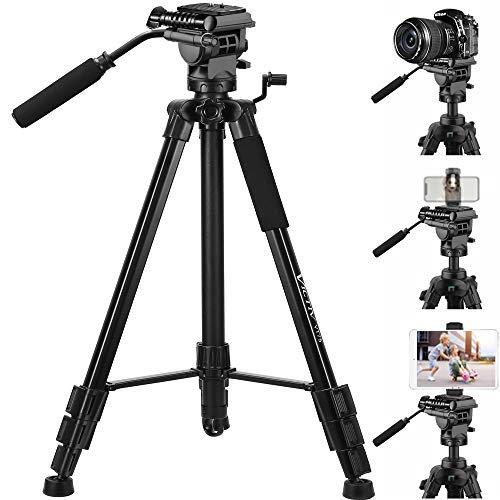 Tripod, 75 inch Tripod for Camera, Heavy Duty Camera Tripod Stand with Fluid Head, 2 Quick Release Mounts and Tablet & Phone Mount, Compatible with DSLR Canon Nikon Sony, 15 lbs Loads