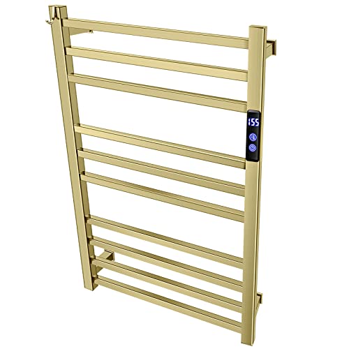 TWCC Towel Warmer Rack for Bathroom with Timer/Fahrenheit Temperature Control Wall Mounted Electric Heated 10 Bar Rail Plug-in or Hardwired Keep Bath Shower Towel Warming (Brushed Gold)