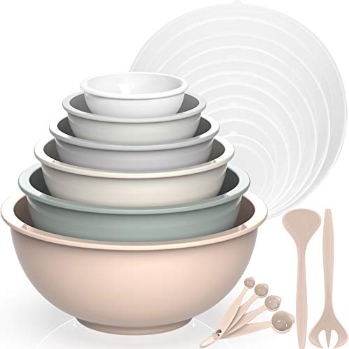 Umite Chef Mixing Bowls with Airtight Lids, 18 Piece Plastic Nesting Bowls Set Includes Measuring Cups, Mixing Bowl Set Great for Mixing, Baking, Serving, Dishwasher (Khaki)