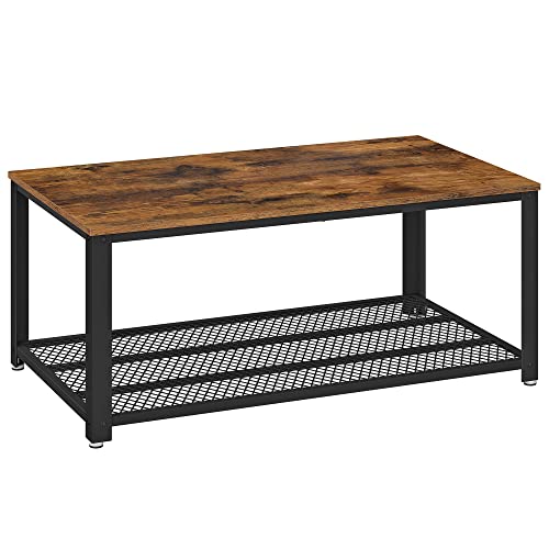 VASAGLE Coffee Table for Living Room, 2-Tier Cocktail Table, Center Table with Mesh Shelf, Steel Frame, Adjustable Feet, Industrial Style, Rustic Brown and Black ULCT61X