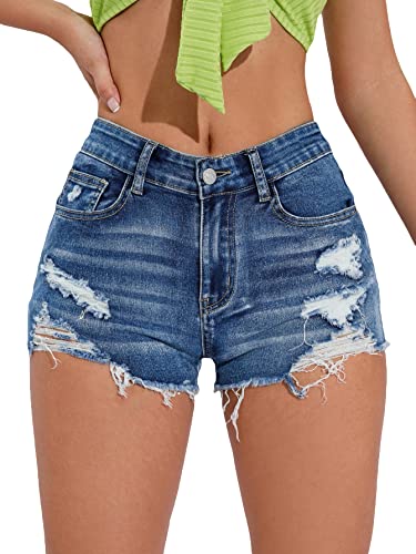 Verdusa Women's Ripped Distressed High Waist Denim Shorts Blue M