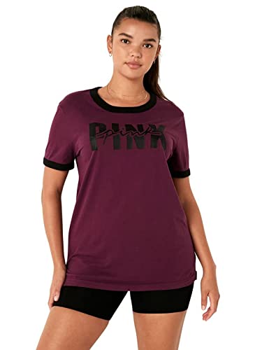 Victoria's Secret Pink Cotton Short Sleeve Ringer T-Shirt, Rich Maroon, X-Small