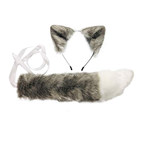 VIGVAN Cat Ears Wolf Fox Ears Animal Cosplay Cute Head Accessories for Halloween (Grey Ears + Tail Set)