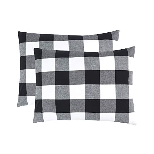 Wake In Cloud - Pack of 2 Pillow Cases, 100% Washed Cotton Pillowcases, Buffalo Check Gingham Plaid Geometric Checker in White Black Gray (Standard Size, 20x26 Inches)