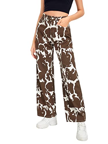 WDIRARA Women's High Waisted Wide Leg Casual Cow Print Y2K Baggy Jeans Denim Pants Brown M
