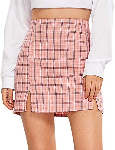 WDIRARA Women's Plaid Skirt High Waist Split Front Zip Up Mini Bodycon Skirt Light Pink M