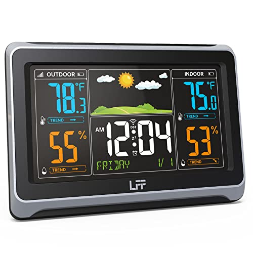 Weather Stations Wireless Indoor Outdoor, LFF Weather Station Indoor Outdoor Thermometer Wireless, Color Display Digital Weather Thermometer with Atomic Clock, Weather Forecast Station with Backlight