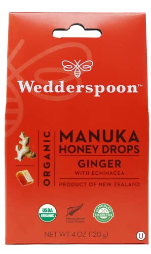 Wedderspoon Organic Manuka Honey Drops, Ginger & Echinacea, 20 Count (Pack of 1) | Genuine New Zealand Honey | Perfect Remedy For Dry Throats