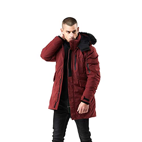 WEEN CHARM Men's Warm Parka Jacket Anorak Jacket Winter Coat with Detachable Hood Faux-Fur Trim (Wine Red, 2XL)