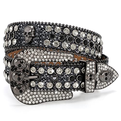 WHIPPY Rhinestones Belt for Men Women, Skulls Western Leather Belt Wide Buckle Sparkle Shining Diamond Vintage Cowgirl Cowboy Studded Belts for Jeans,Black Black