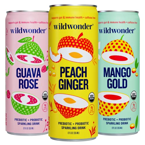 wildwonder Sparkling Probiotic Juice Drink w/Gut Health Immunity & Support 5g Fiber, Live Probiotics, Caffeine Free, Organic, Vegan, Low Sugar, 6pk 12oz, Classic Variety Pack, As Seen on Shark Tank