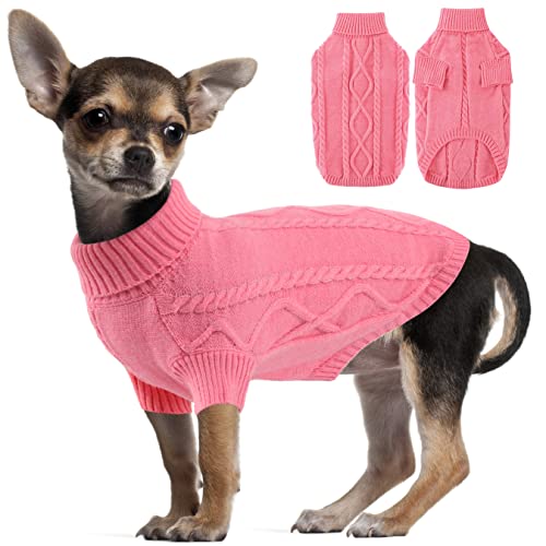 Winter Dog Cat Sweater Puppy Clothes, Cable Knit Puppy Sweater for Small Dogs Girl Boy, Turtleneck Pullover Christmas Holiday Pet Apparel, Pink S