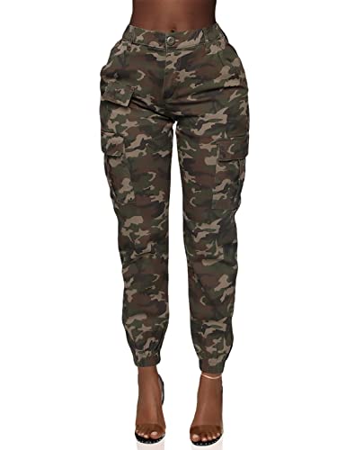 Women's High Waist Jogger Pants - Casual Cargo Elastic Waistband Sweatpants Tapered Fatigue with 6 Pockets SCP-2049 Camo M