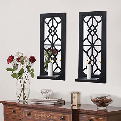 Wood Wall Sconce Candle Holder Set 2, Rustic Wall-Mount Candle Holders, Farmhouse Hanging Wall Décor, Carved Wood Frame, Mirrored Candle Holder (Black)