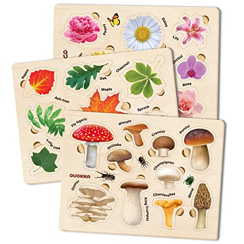 Wooden Puzzles for Toddlers 1-3 by QUOKKA – 3X Set Montessori Toys Puzzles for Kids Ages 2-4 – Wood Educational Baby Game 12-18 Months – Gift Learning Mushrooms Flowers Leaves for Boy & Girl 3-5