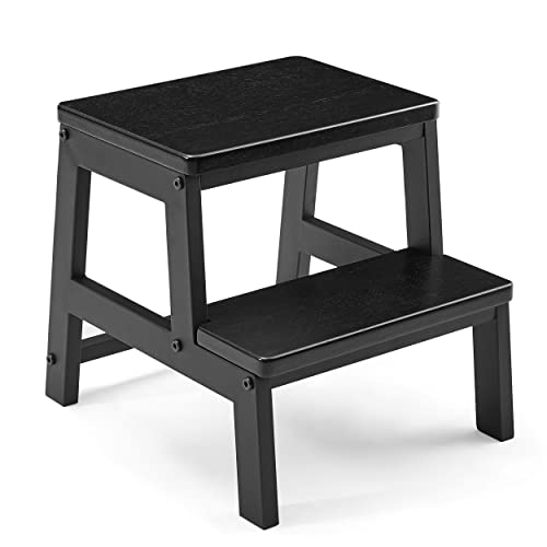 Wooden Step Stools for Adults Kids, Heavy Duty 2 Step Stool for High Bed Kitchen Bathroom - Holds Up to 500 Lb by RORKEE, Wide, Metal, Industrial Design(Plain Black)