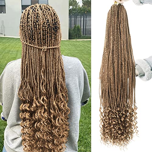 Xtrend 8 Packs 34 Inch Goddess Box Braids Crochet Hair Prelooped Knotless 3X Braids Strawberry Blonde Hair Extensions Curly Ends Boho Jumbo Box Braiding Hair for Women (12Strands/pack 27#)