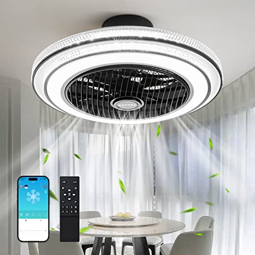 XuanDe Ceiling Fans with Lights and Remote Quiet, 20" Enclosed Ceiling Fans with Lights Modern Low Profile DC Motor 6 Gear Wind Speeds 3 Colors Stepless Dimming for Bedroom, Kitchen, Living Room