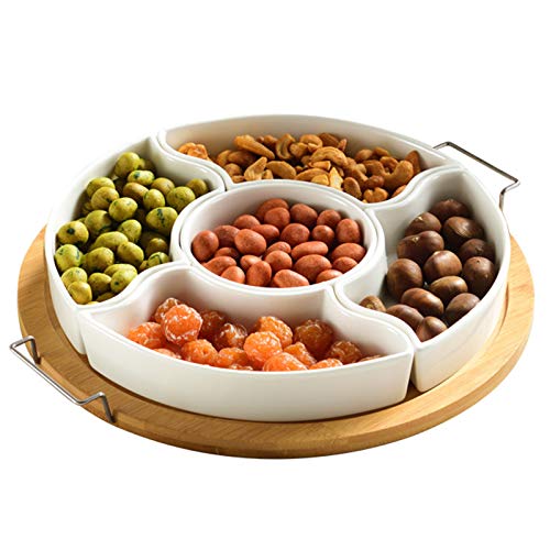 yarlung 10 Inch Ceramic Divided Serving Dishes with Bamboo Platter, Appetizer Tray 5 Removable Snacks Bowls for Candy and Nut, Chips and Dips, No Lid Included