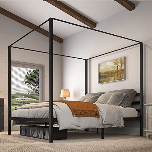 YITAHOME Metal Four Poster Canopy Bed Frame 14 Inch Platform with Built-in Headboard Strong Metal Slat Mattress Support, No Box Spring Needed, Black, King Size