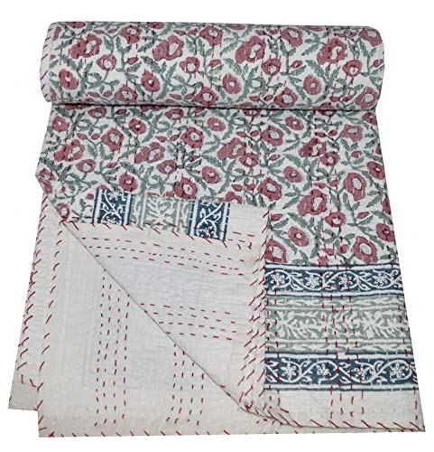 Yuvancrafts Indian Hand Block Floral Print Kantha Quilt Handmade Vintage Queen Size Cotton Kantha Throw Blanket Bedspread (Multi Floral, Queen Size)