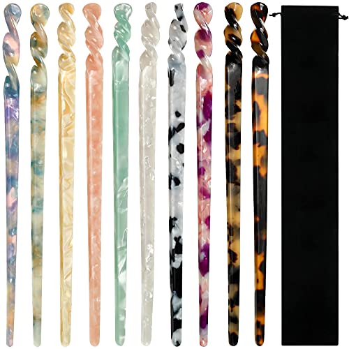 10 Pieces Acetate Hair Sticks Styling Hair Vintage Leopard Print Tortoise Shell Hairpin Chopsticks Hairpins Disk Hair Sticks Hair Accessories with Flannelette Bag for Women Girls (Bright Pattern)