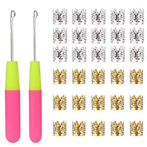 2 PCS Latch Hook Crochet Needle + 30 PCS Dreadlocks Hair Ring Decoration Braiding Hair Silver Gold Metal, for Crochet Braids Hair Decoration Accessories