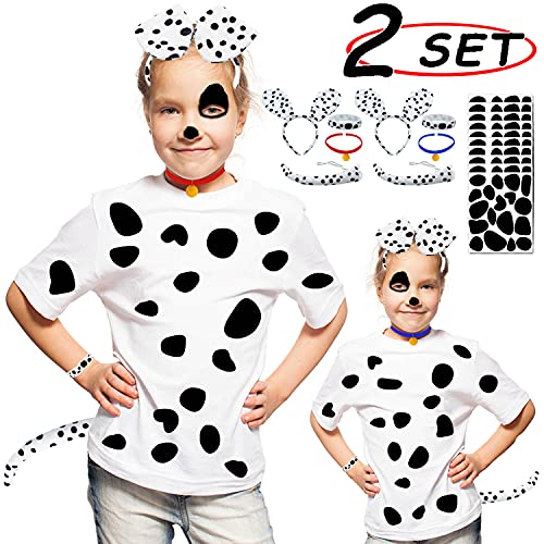 2 Sets Dalmatian Dog Costume Ear Headband,Tail,Black Felt Stickers ,Body Painting Crayons, Silicone Bracelet, Gold Tag and 144 Different Shapes Black Felt Stickers for Halloween DIY Projects Costume