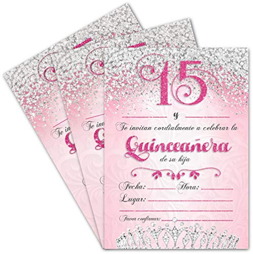 25 Quinceanera Party Invitations 5x7Double Sided Cards For Girl's 15th Birthday includes Envelopes (Spanish / En Espanol) (Family)