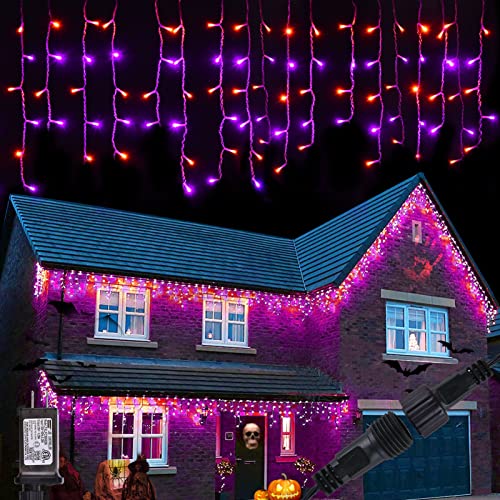 360 LED Christmas Icicle Lights Outdoor, 60 Drops Dripping Ice Cycle Lights, 29.5 FT Fairy String Lights with 8 Modes, Outside Hanging Lights for Christmas Halloween Decoration (Orange and Purple)