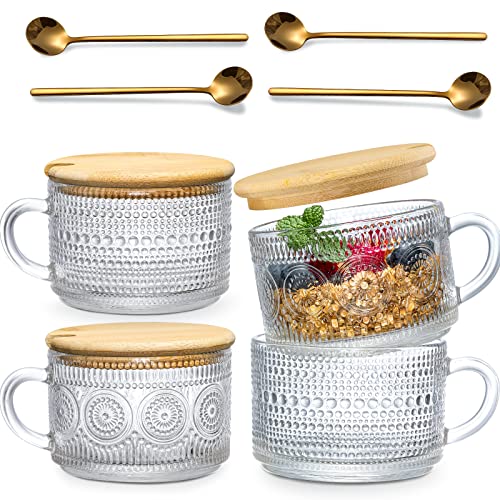 4pcs Set Vintage Coffee Mugs, Overnight Oats Containers with Bamboo Lids and Spoons - 14oz Clear Embossed Glass Cups, Cute Coffee Bar Accessories, Iced Coffee Glasses, Ideal for Cappuccino, Tea, Latte