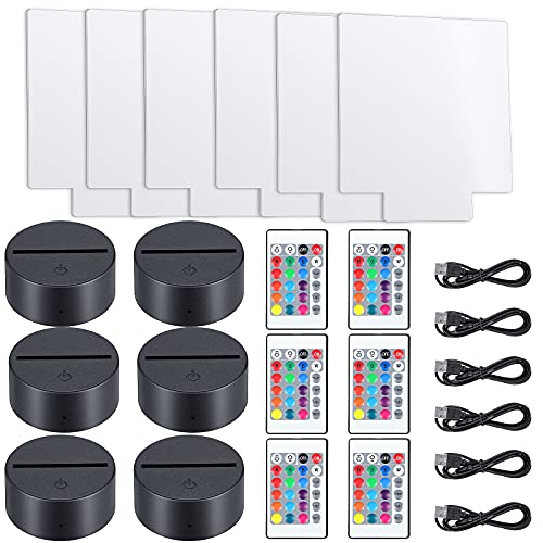 6 Sets 3D Night LED Lamp Bases Including 6 Light Display Stands 6 Clear Acrylic Sheets 6 Remote Controls 6 Charging Cables, Adjustable 16 Colors 4 Modes Acrylic (Square Style)