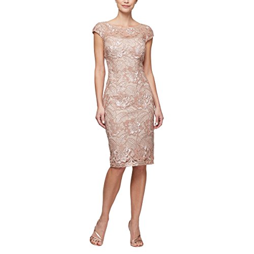 Alex Evenings Women's Short Knee Length Floral Embroidered Cocktail Sheath Dress, Rose Gold, 10