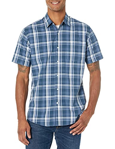 Amazon Essentials Men's Regular-Fit Short-Sleeve Poplin Shirt, Navy, Medium Plaid, XX-Large