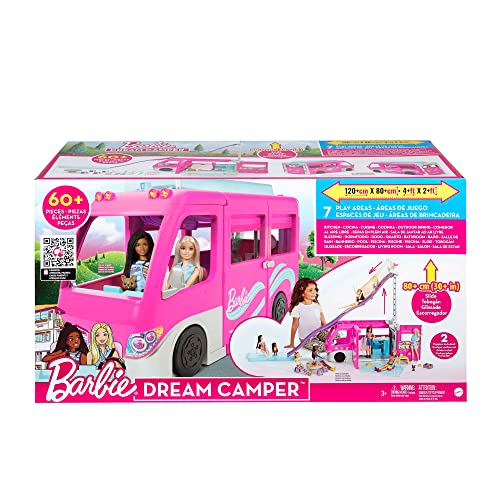 Barbie Camper Playset, Dreamcamper Toy Vehicle with 60 Accessories Including Furniture, Pool and 30-Inch Slide