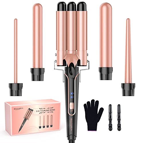 BESTOPE PRO Waver Curling Iron - 3 Barrel Hair Crimper Iron - 5 in 1 Curling Wand Hair Wand with Fast Heating Up - Crimper Wand Curler for All Hair Types, Heat Protective Glove & 2 Clips Included