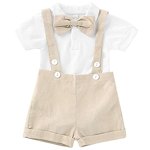 bilison Baby Boy Clothes Gentleman Bowtie Romper and Overalls Suspenders Pants Wedding Tuxedo Outfits(beige,0-6m)