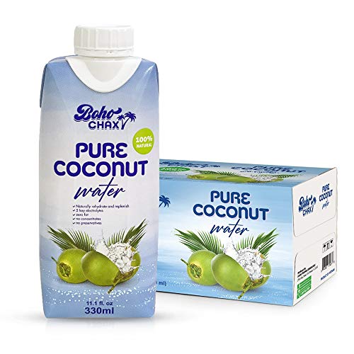 Boho Chax 100% Natural Coconut Water, No Sugar Added, Filled with Essential Vitamins and Electrolytes for Superior Hydration, Not From Concentrate, Pure Coconut Flavor, 11.16 Fl Oz (12-Pack)