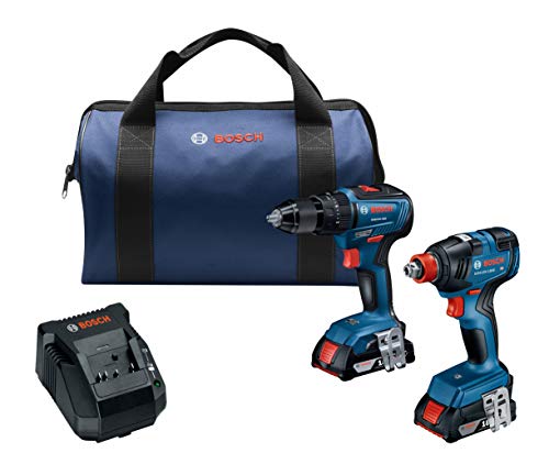 BOSCH GXL18V-240B22 18V 2-Tool Combo Kit with 1/2 In. Hammer Drill/Driver, 1/4 In. and 1/2 In. Two-In-One Bit/Socket Impact Driver and (2) 2.0 Ah SlimPack Batteries