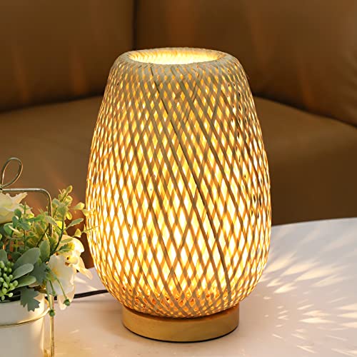 Capslpad Dimmable Rattan Table Lamp Bamboo Woven Boho Beside Lamp Small Wicker Desk Lamp Decorative Vintage Wooden Nightstand Lamp for Bedroom,Living Room,Kids Room,Nursery Room Decor