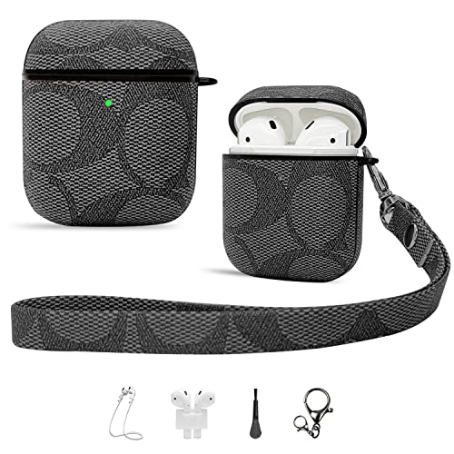 Case for AirPods 2&1 Case,6 in 1 Fashion Luxury PU Shockproof Anti-Slip Protective Cover Accessories Set for Airpods 2/1 Charging Case with Keychain/Ear Hook/Watch Band Holder/Anti-Lost Strap-Black…