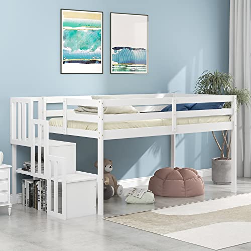 CITYLIGHT Low Loft Bed with Staircase,Twin Size Kids Loft Bed with Step Storage,Wood Loft Bed Frame Twin with Safety Guardrails for Girls, Boys,White