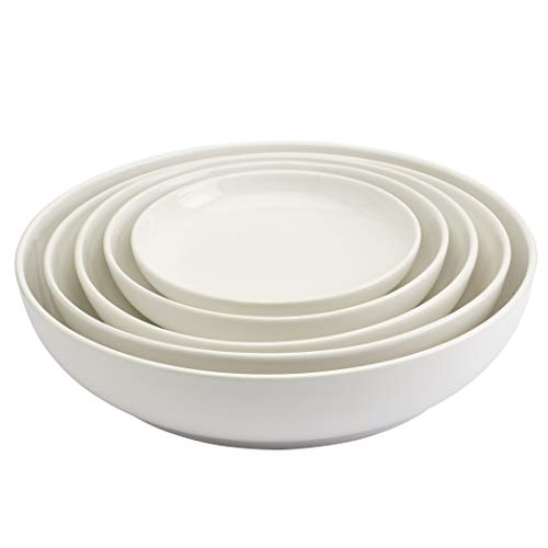 Denmark Tools For Cooks Blanc de Blanc White Serveware- Nested Bowls Serving Dining Elegant Simple Microwave Dishwasher Safe, 5 Piece Shallow Nested Serving Bowls (14", 12.5", 11", 9.5", & 8")