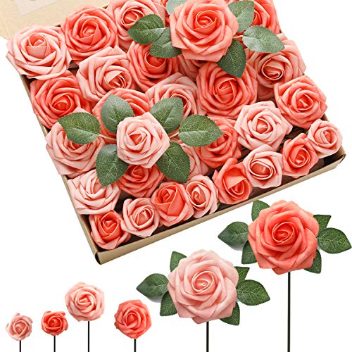 DerBlue Artificial Flowers Rose 60pcs Real Looking Fake Rose and 10pcs Leaves for for DIY Wedding Bouquets Centerpieces Arrangements Party Baby Shower Home Decorations (Mixed Coral Roses)