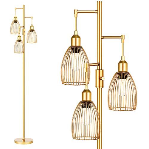 Dimmable Industrial Floor Lamps for Living Room, Gold Tree Standing Tall Lamps with 3 Elegant Teardrop Cage Head & 800 Lumens LED Bulbs for Bedroom Office