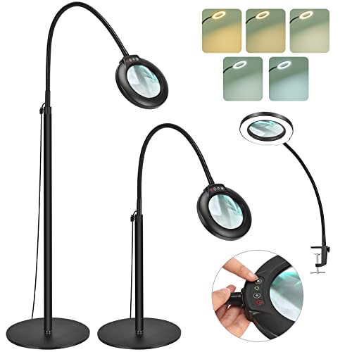 Drdefi 5X Magnifying Floor Lamp with Light, 24" Flexible Gooseneck Standing Magnifying Glass, 3-in-1 LED 5 Color Modes Stepless Dimmable Lighted Magnifier Lamp Hands-Free for Close Work, Reading