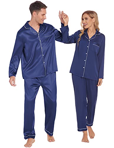 Ekouaer Loungewear Men's Casual Long Sleeve Sleepwear Silk Button Down Sleepshirts Long Pajama Set (Navy,S)